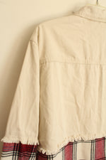 NEW SO Light Tan Denim Trucker Jacket with Red Plaid Flannel Bottom | S