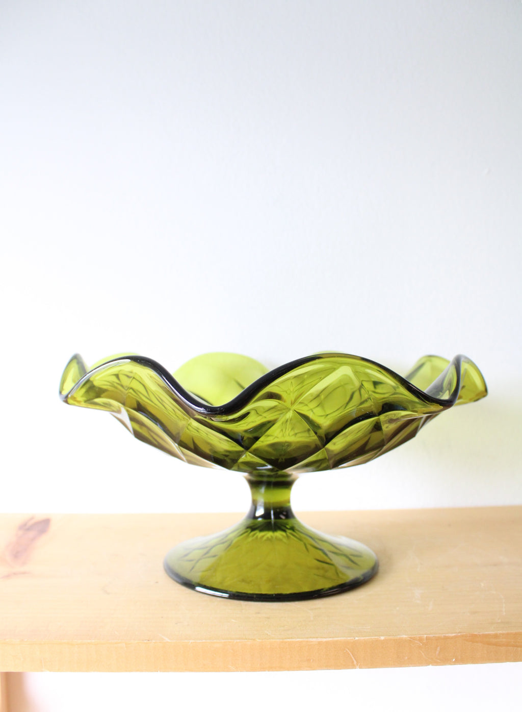 Vintage Green Etched Ruffled Edged Pedestal Dish