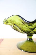 Vintage Green Etched Ruffled Edged Pedestal Dish