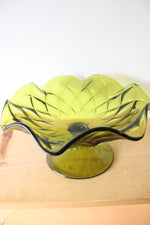 Vintage Green Etched Ruffled Edged Pedestal Dish