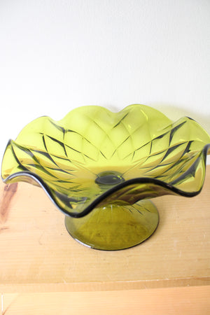 Vintage Green Etched Ruffled Edged Pedestal Dish