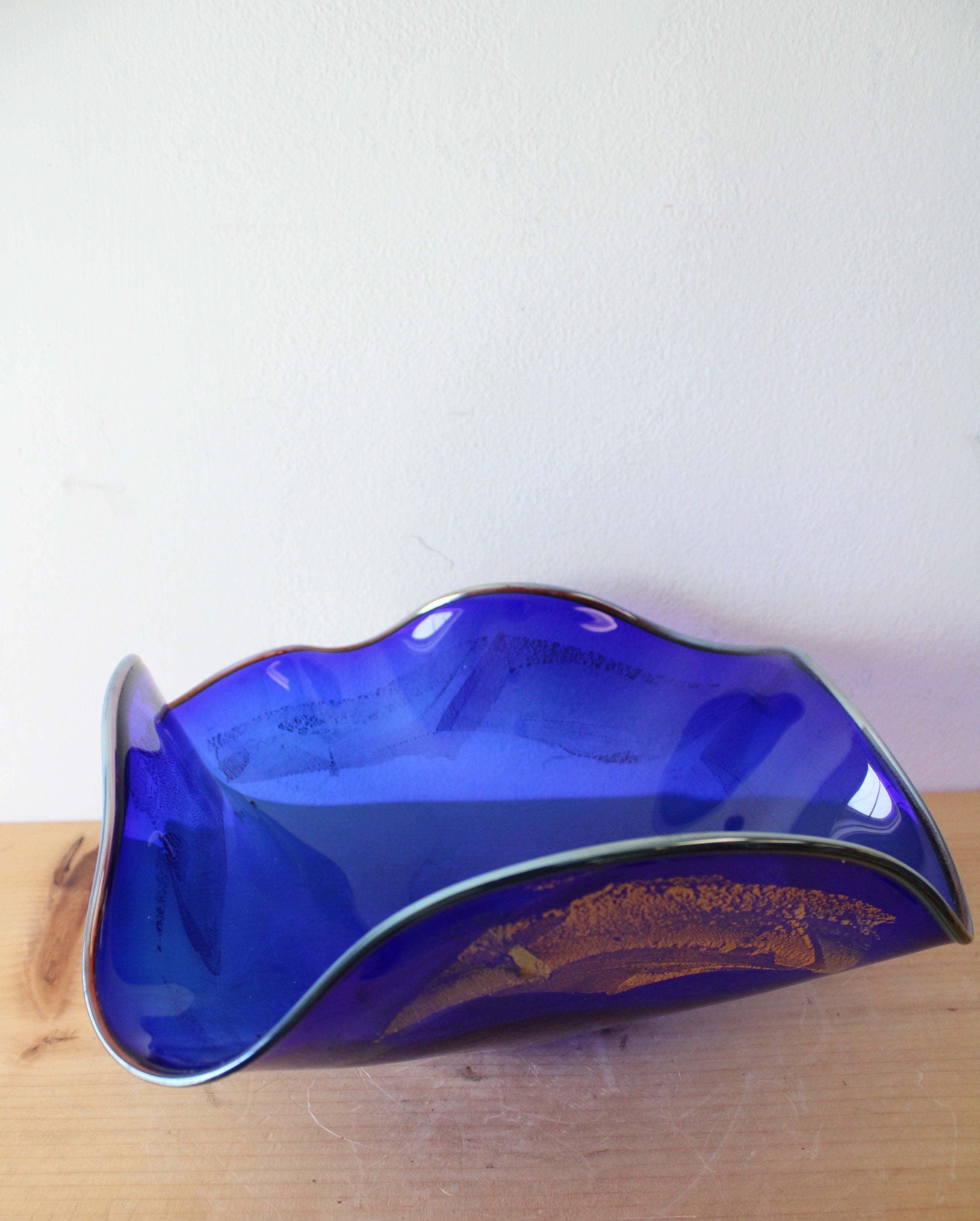 Vintage Cobalt Blue Ruffled Glass Bowl