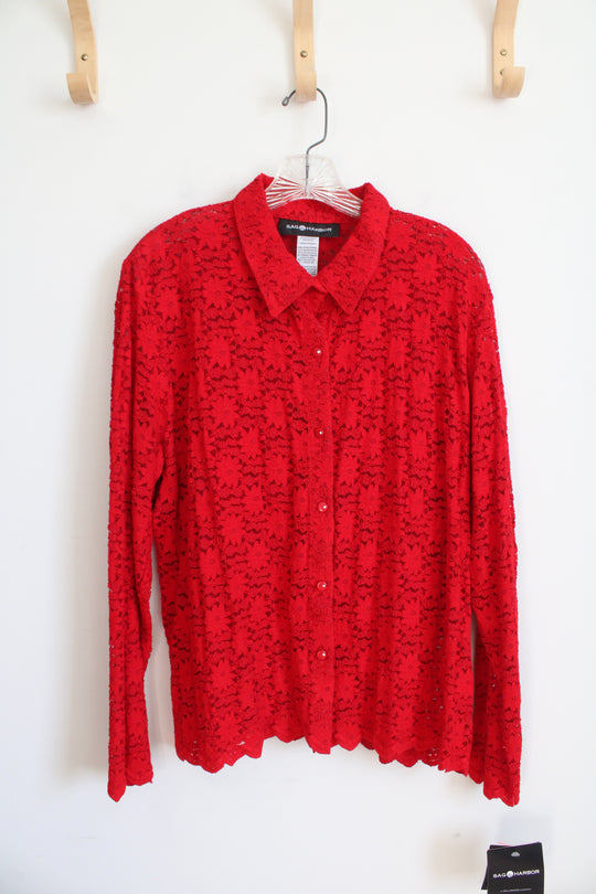 NEW Sag Harbor Red Lace Button Down Top | L