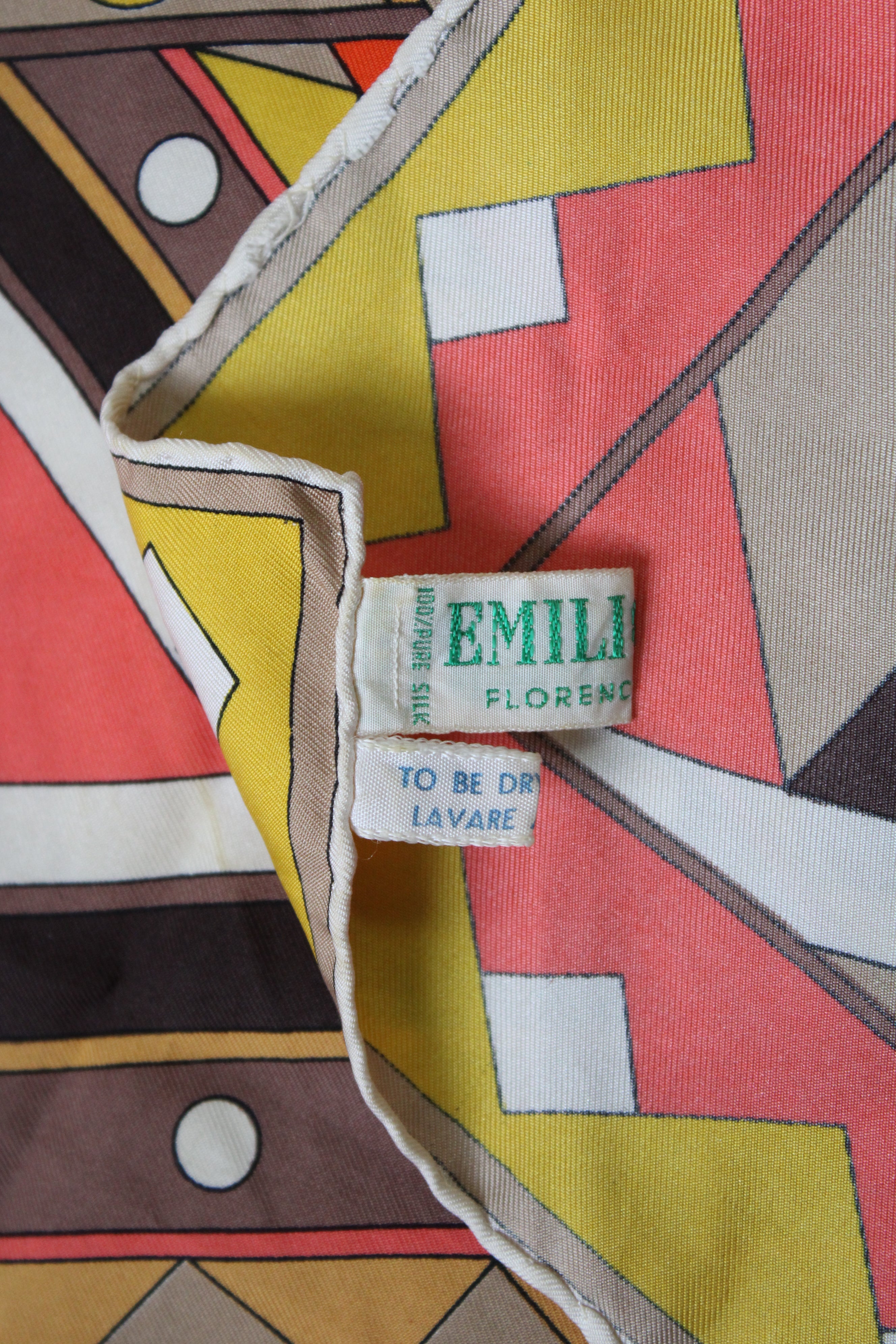 Emilio Pucci Vintage Italian Pure Silk Geometric Pink Orange Brown Scarf