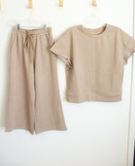 Beige 2-piece Quilted Fabric Lounge Short Sleeve Top and Pants | S