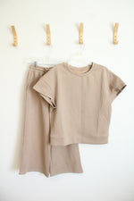 Beige 2-piece Quilted Fabric Lounge Short Sleeve Top and Pants | S