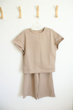 Beige 2-piece Quilted Fabric Lounge Short Sleeve Top and Pants | S