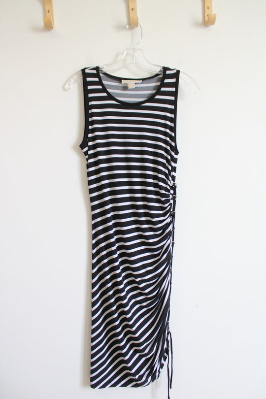 Michael Kors Black & White Striped Cinched Side Dress | M