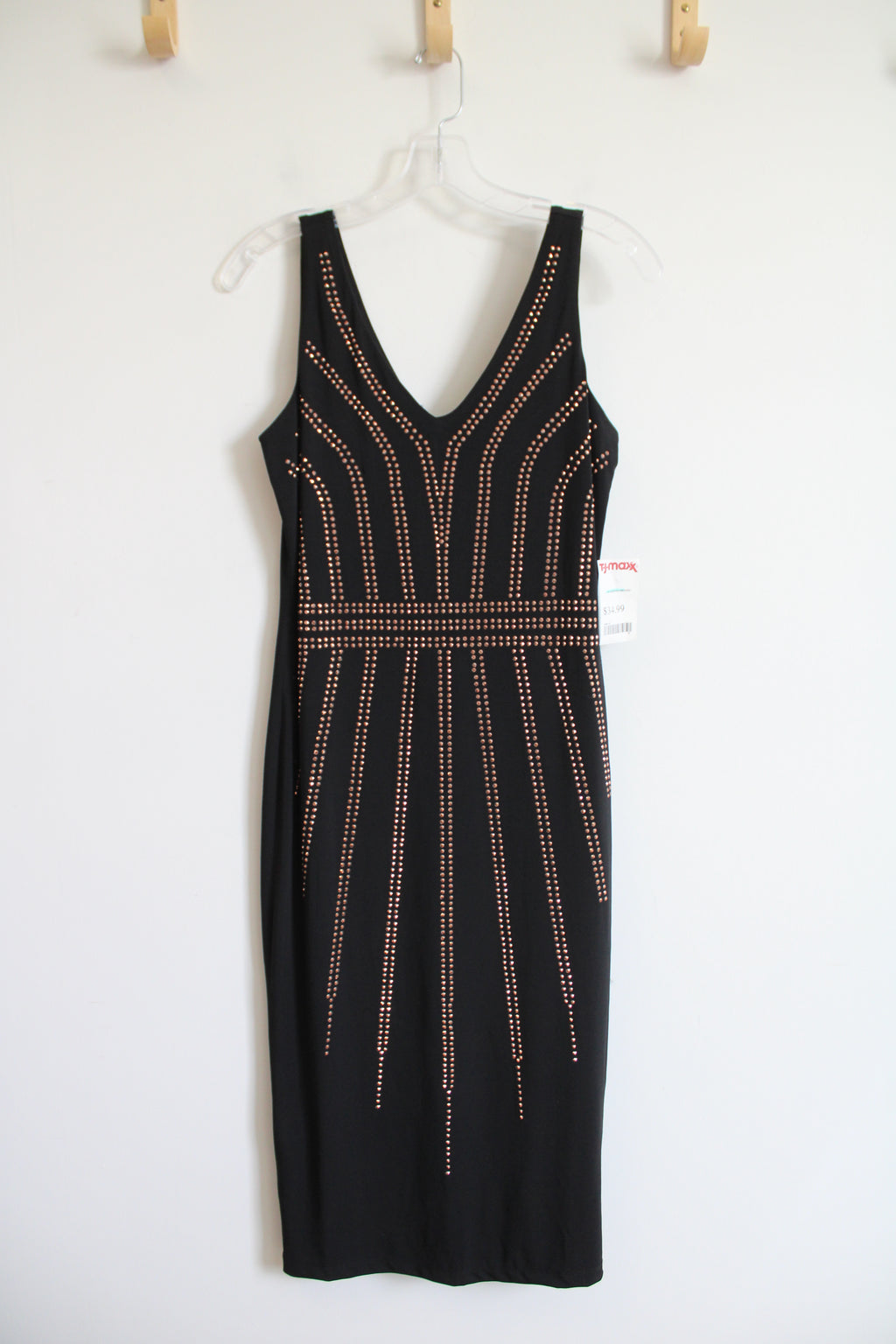 NEW Carmen Marc Valvo Black Studded Fitted Midi Dress | S