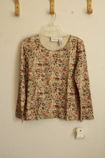 NEW Liz Claiborne Tan Green and Red Cotton Printed LS Top | L