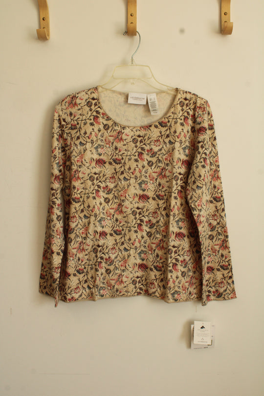 NEW Liz Claiborne Tan Green and Red Cotton Printed LS Top | L