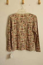 NEW Liz Claiborne Tan Green and Red Cotton Printed LS Top | L