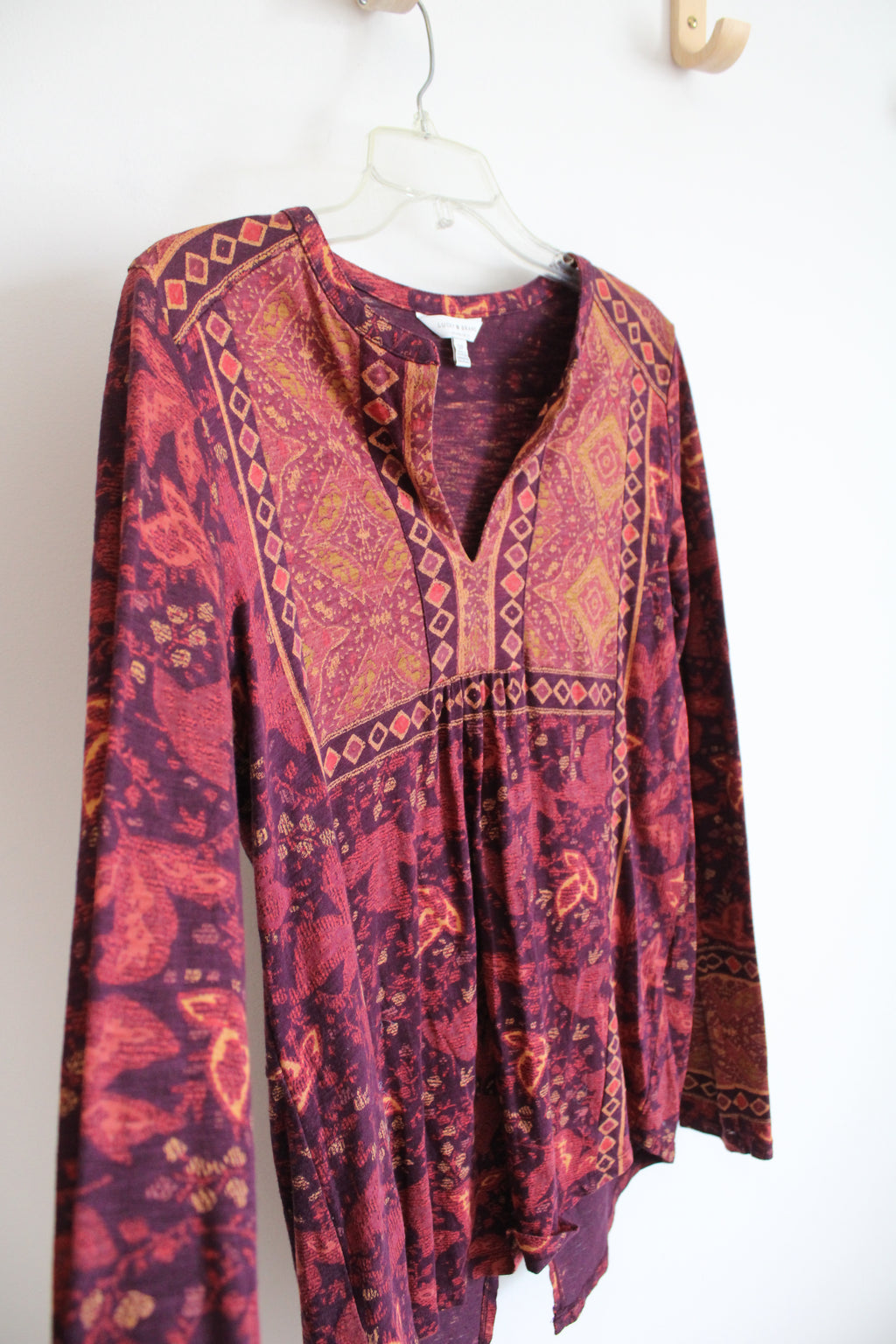 Lucky Brand Burgundy Patterned Long Sleeved Top | S Petite