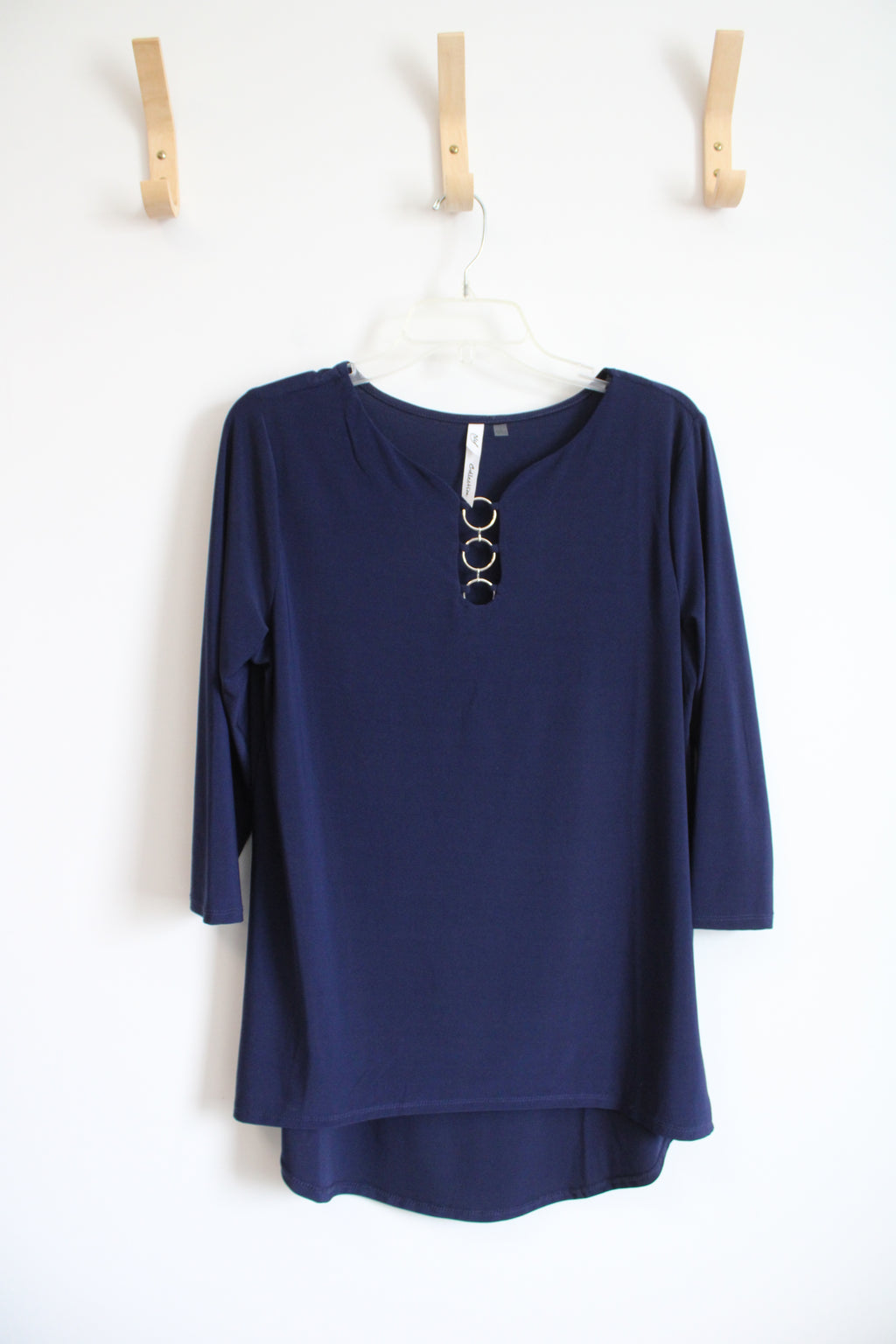 NY Collection Navy Chain Link Neckline 3/4 Sleeve Top | L