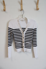LOFT White & Black Striped Button Down Ribbed Cardigan | XS