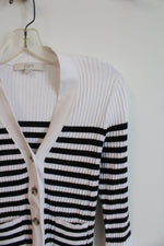 LOFT White & Black Striped Button Down Ribbed Cardigan | XS