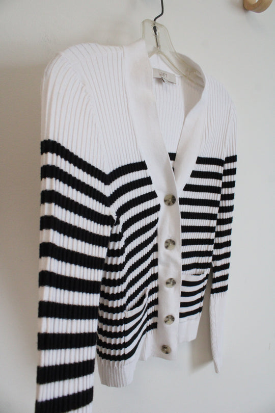 LOFT White & Black Striped Button Down Ribbed Cardigan | XS