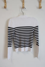 LOFT White & Black Striped Button Down Ribbed Cardigan | XS
