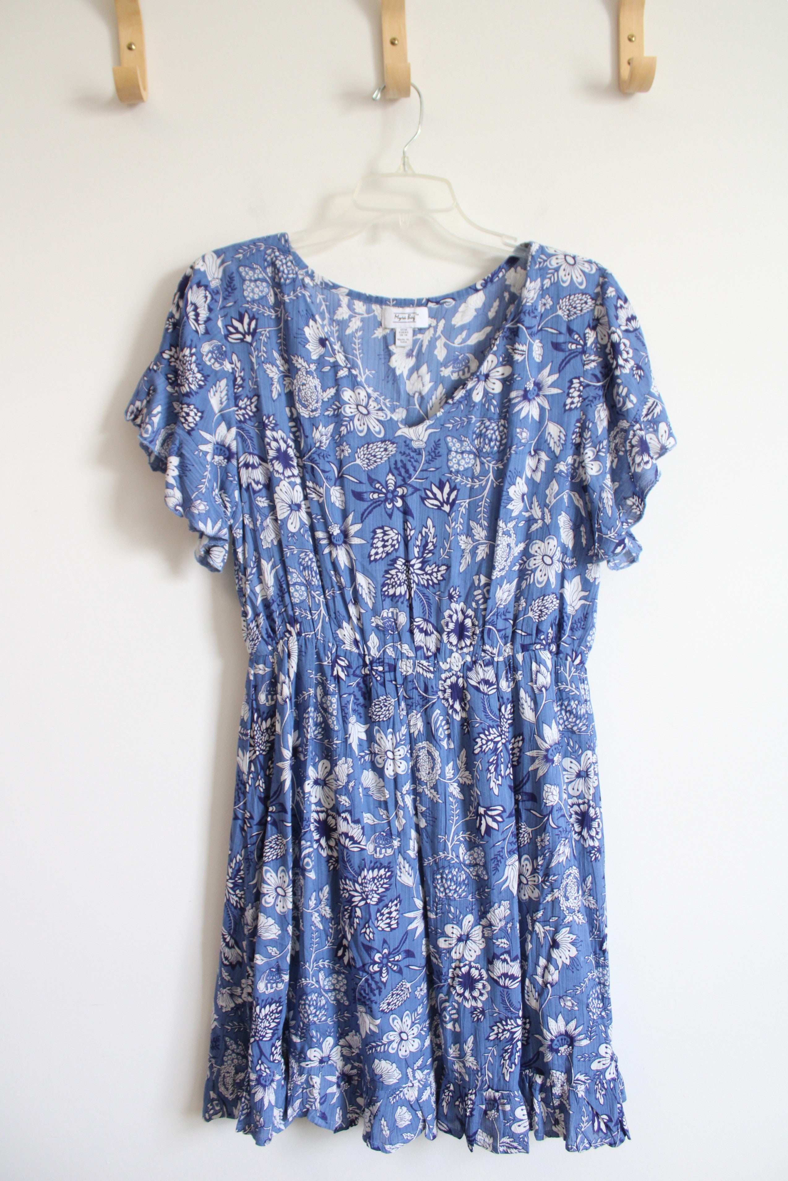 Myra Bay Blue & White Floral Flutter Sleeve Dress | M