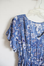 Myra Bay Blue & White Floral Flutter Sleeve Dress | M