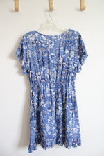 Myra Bay Blue & White Floral Flutter Sleeve Dress | M