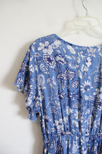 Myra Bay Blue & White Floral Flutter Sleeve Dress | M