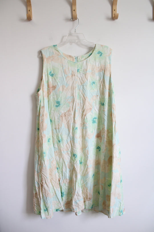 Ruby Rd. Green Blue Tan Floral Linen Blend Dress | 2X