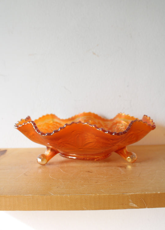 Floral Marigold Ruffled Edge Footed Carnival Glass Bowl