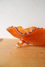 Floral Marigold Ruffled Edge Footed Carnival Glass Bowl