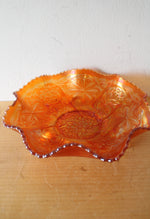 Floral Marigold Ruffled Edge Footed Carnival Glass Bowl