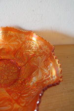 Floral Marigold Ruffled Edge Footed Carnival Glass Bowl