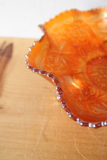 Floral Marigold Ruffled Edge Footed Carnival Glass Bowl