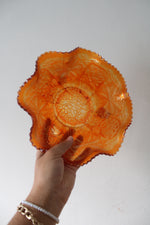 Floral Marigold Ruffled Edge Footed Carnival Glass Bowl