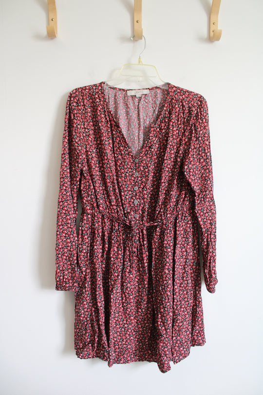 LOFT Black & Red Floral Long Sleeved Dress | M