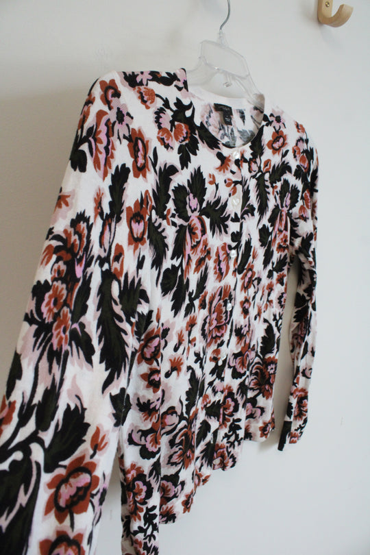 Ann Taylor Brown Black & Pink Floral Button Down Cardigan | L