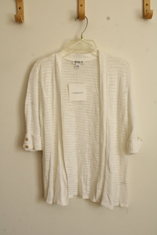 NEW Croft &Barrow White Cutout 3/4 Sleeve Open Front Cover-up Sweater with Buttons | S