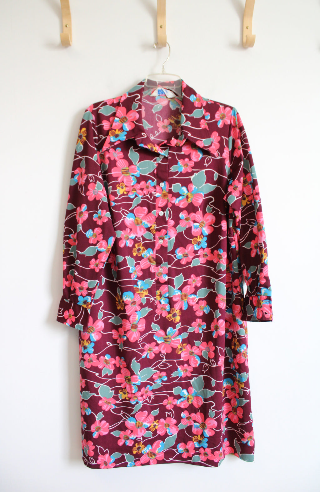 Vintage Sears Fashion Maroon & Pink Floral 1/2 Buttoned Dress | 2XL
