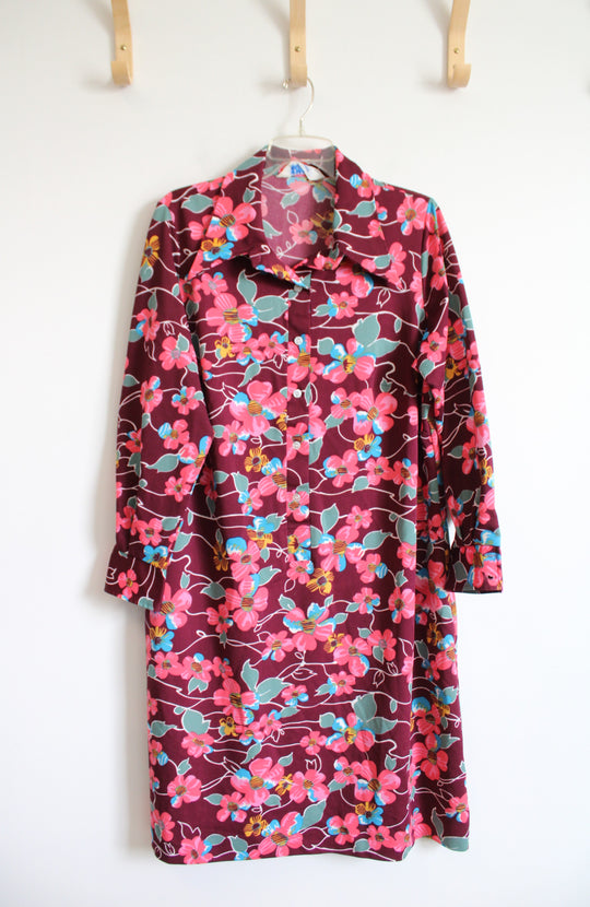 Vintage Sears Fashion Maroon & Pink Floral 1/2 Buttoned Dress | 2XL