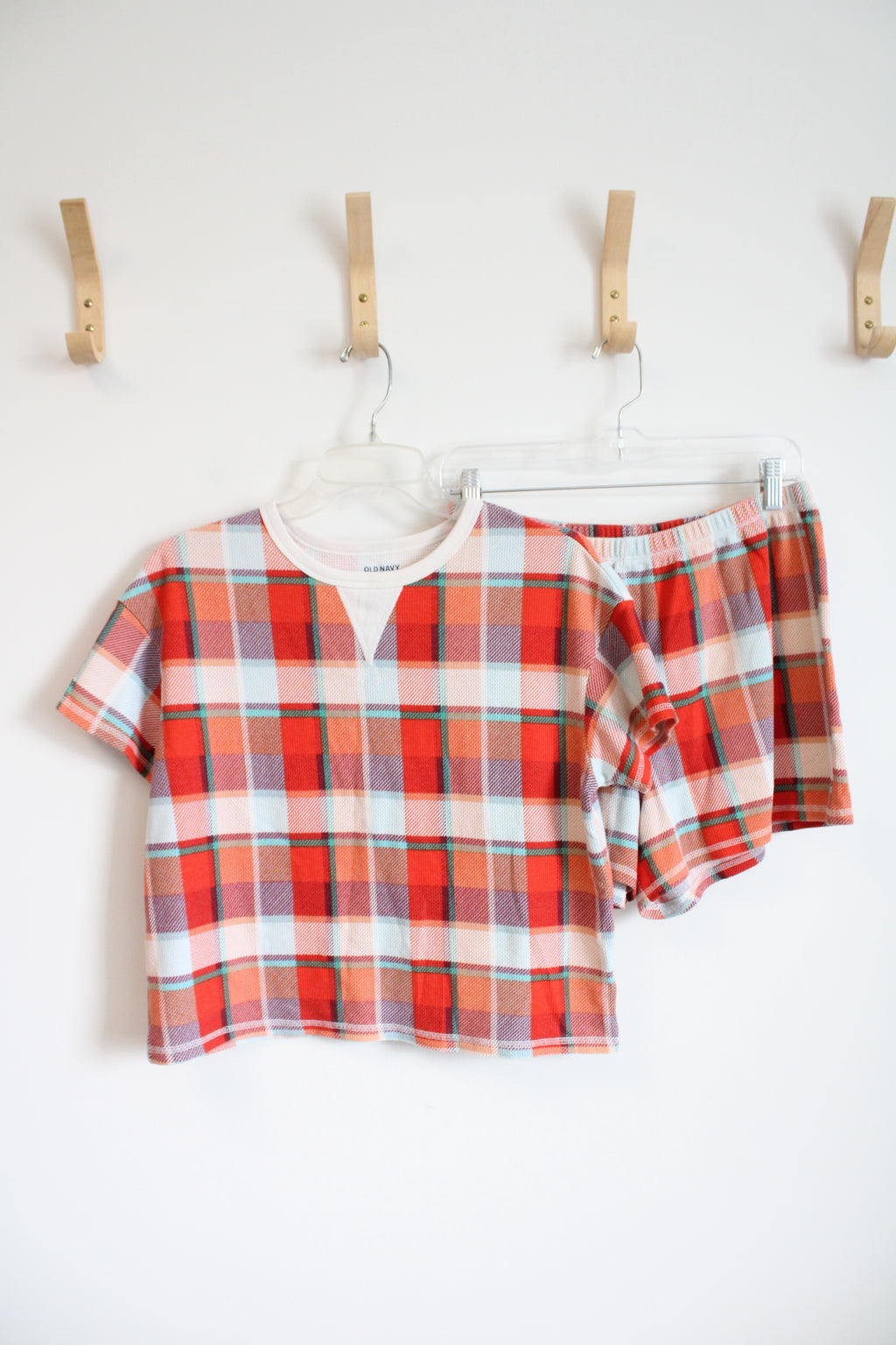 Old Navy Orange Plaid Waffle Knit Top & Shorts Pajama Set | S