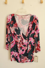 NEW Dana Buchman Pink and Blue Baroque Scroll Floral Wrap Top | XL