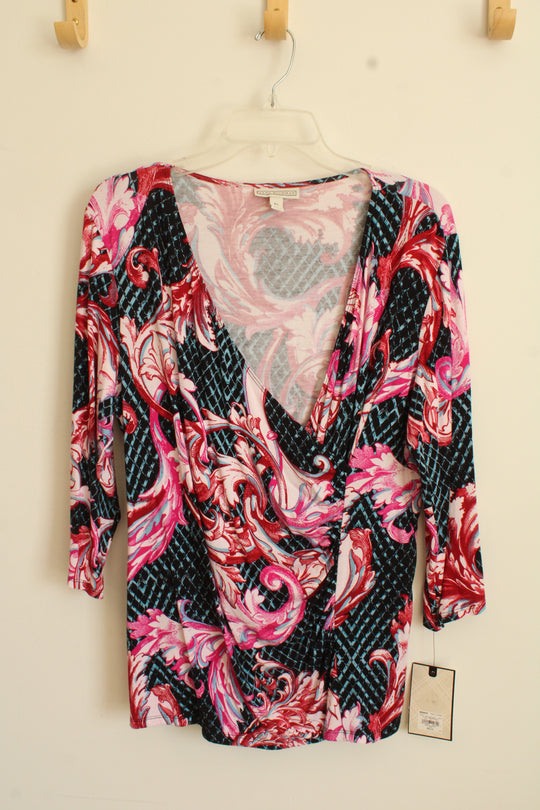 NEW Dana Buchman Pink and Blue Baroque Scroll Floral Wrap Top | XL
