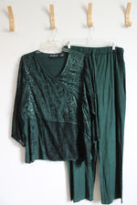 Jewel Queen Vintage Emerald Green Embroidered Sheer Sleeve Top & Pants Set | XL