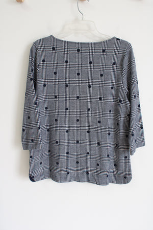 Talbots Navy Blue White Houndstooth Long Sleeved Shirt | L Petite