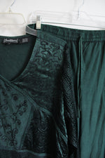 Jewel Queen Vintage Emerald Green Embroidered Sheer Sleeve Top & Pants Set | XL