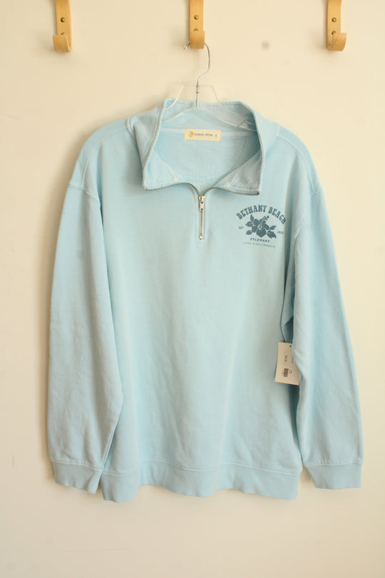 NEW Ocean Current Light Blue Bethany beach Delaware Graphic Quarter Zip Sweatshirt | L