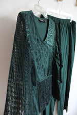 Jewel Queen Vintage Emerald Green Embroidered Sheer Sleeve Top & Pants Set | XL