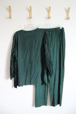 Jewel Queen Vintage Emerald Green Embroidered Sheer Sleeve Top & Pants Set | XL
