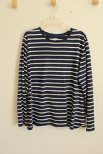 Lands End Navy Blue and White Cotton Striped Long Sleeved Shirt | L