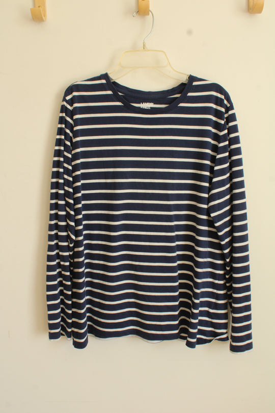Lands End Navy Blue and White Cotton Striped Long Sleeved Shirt | L