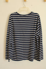 Lands End Navy Blue and White Cotton Striped Long Sleeved Shirt | L